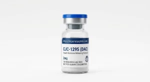 Professional product photograph of a clear glass vial containing CJC-1295 with DAC 2mg lyophilized peptide powder, sealed with a blue flip-off cap on a white background.