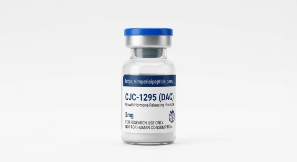 Professional product photograph of a clear glass vial containing CJC-1295 with DAC 2mg lyophilized peptide powder, sealed with a blue flip-off cap on a white background.
