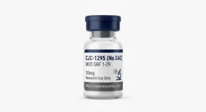 Professional product photograph of a clear glass vial containing CJC-1295 No DAC 10mg lyophilized peptide powder, sealed with a dark blue flip-off cap on a white background