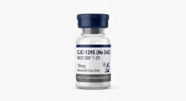 CJC-1295 (No DAC) 10mg Research Peptide Vial - Imperial Peptide Professional product photograph of a clear glass vial containing CJC-1295 No DAC 10mg lyophilized peptide powder, sealed with a dark blue flip-off cap on a white background
