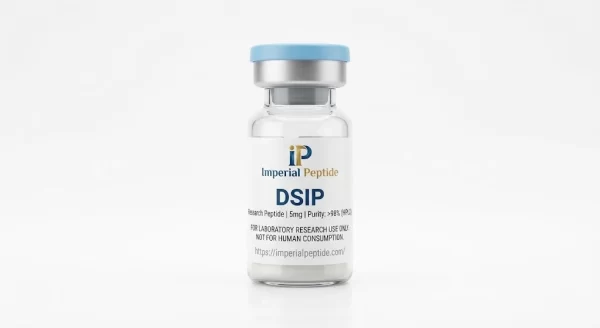 Professional product photograph of a clear glass vial containing DSIP 5mg research peptide powder with a light blue flip-off cap on a white background.