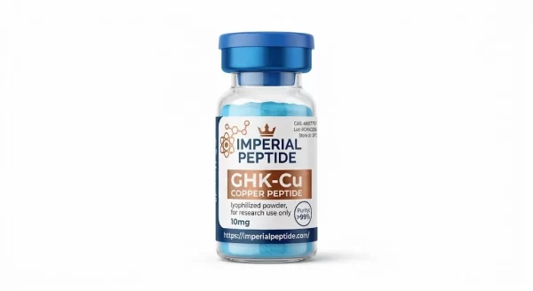 GHK-Cu Copper Peptide 10mg Research Vial - Imperial Peptide Professional product photograph of a clear glass vial containing light blue GHK-Cu copper peptide powder, sealed with a blue flip-off cap on a white background.