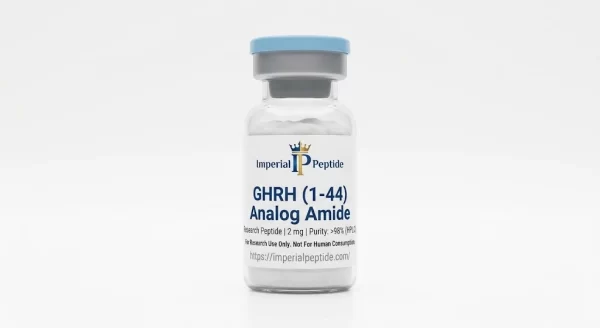 Professional product photograph of a clear glass vial containing GHRH (1–44) Analog Amide 2mg lyophilized peptide powder with a blue flip-off cap, displayed on a seamless white background.