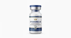 Ipamorelin 10mg Growth Hormone Secretagogue Vial - Imperial Peptide Professional product photograph of a clear glass vial containing Ipamorelin 10mg peptide powder, sealed with a royal blue cap on a white background.