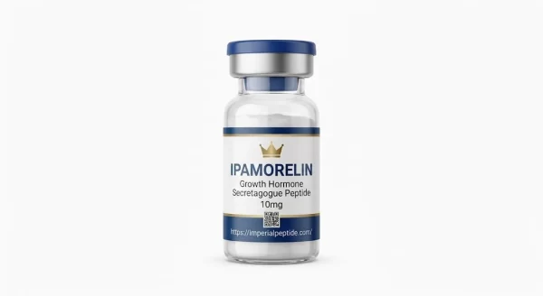 Professional product photograph of a clear glass vial containing Ipamorelin 10mg peptide powder, sealed with a royal blue cap on a white background.