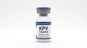 Professional product photograph of a clear glass vial containing KPV 10mg tripeptide powder, sealed with a purple flip-off cap on a white background.