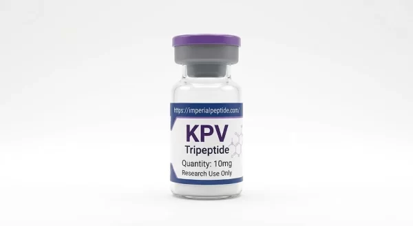 KPV 10mg Tripeptide Research Vial - Imperial Peptide Professional product photograph of a clear glass vial containing KPV 10mg tripeptide powder, sealed with a purple flip-off cap on a white background.