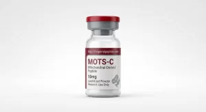 Professional product photograph of a clear glass vial containing MOTS-c 10mg mitochondrial-derived peptide powder, sealed with a red flip-off cap on a white background.