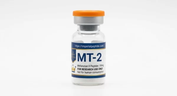 Imperial Peptide MT-2 10mg Research Vial Professional product photograph of a clear glass vial containing lyophilized Melanotan II (MT-2) 10mg peptide powder, sealed with an orange flip-off cap, set against a seamless white background