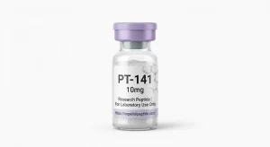 Professional product photograph of a clear glass vial containing PT-141 10mg research peptide powder with a purple flip-off cap on a white background.