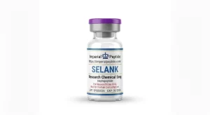 Professional product photograph of a clear glass vial containing Selank 5mg heptapeptide powder, sealed with a purple flip-off cap on a white background.