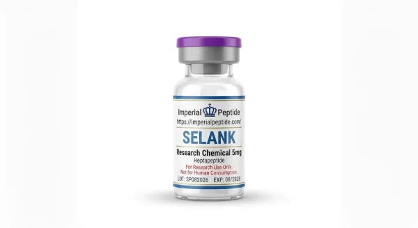 Selank 5mg Research Peptide Vial - Imperial Peptide Professional product photograph of a clear glass vial containing Selank 5mg heptapeptide powder, sealed with a purple flip-off cap on a white background.