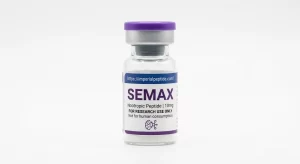 Professional product photograph of a clear glass vial containing Semax 10mg nootropic peptide powder, sealed with a purple flip-off cap on a white background.