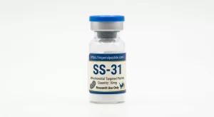 Professional product photograph of a clear glass vial containing SS-31 10mg mitochondrial-targeted peptide powder, sealed with a blue flip-off cap on a white background.