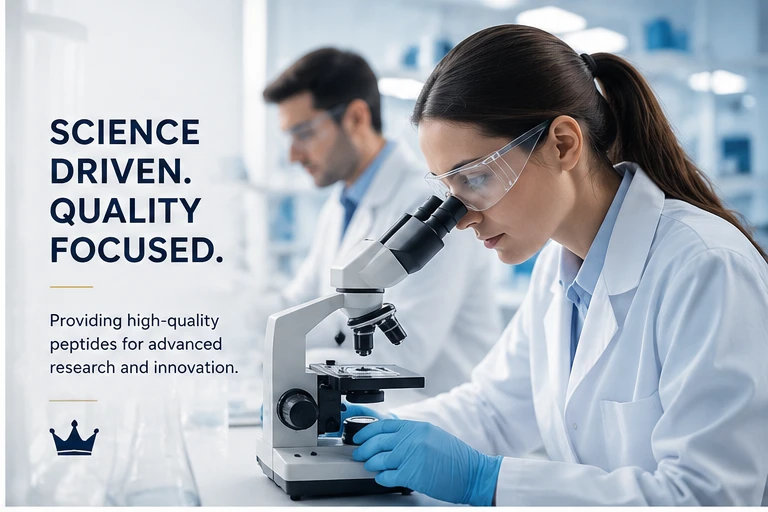 Professional female researcher in safety glasses examining samples under a microscope in a high-tech lab for Imperial Peptide, with text reading Science Driven, Quality Focused.