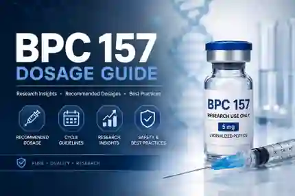 Medical illustration of a BPC 157 dosage guide featuring a research peptide vial, syringe, and laboratory background for educational research purposes.