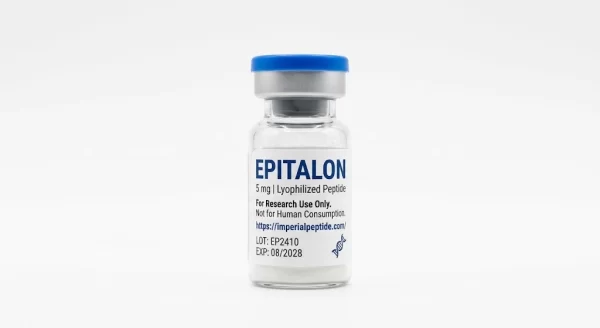 Professional photograph of a clear glass vial containing 5mg of white lyophilized Epitalon peptide powder, capped with a blue flip-off seal, displayed against a seamless white background. The label explicitly states "For Research Use Only."