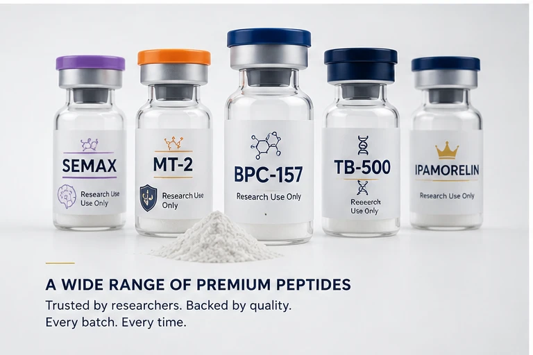 Lineup of research peptide vials including Semax, MT-2, BPC-157, TB-500, and Ipamorelin from Imperial Peptide with powder sample on a white background.