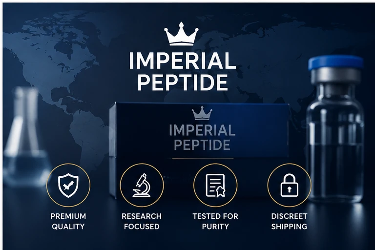 Imperial Peptide brand showcase graphic displaying a blue glass vial and packaging box against a world map with icons for Premium Quality, Research Focused, Tested for Purity, and Discreet Shipping.