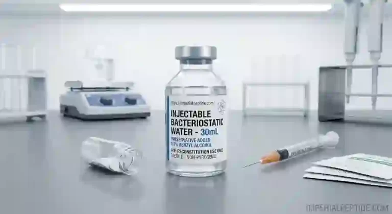 A 30mL vial of injectable bacteriostatic water with 0.9% benzyl alcohol beside a syringe and lyophilized powder vial in a laboratory on imperialpeptide.com.