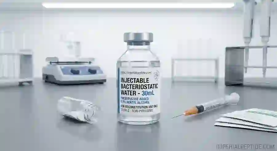 A 30mL vial of injectable bacteriostatic water with 0.9% benzyl alcohol beside a syringe and lyophilized powder vial in a laboratory on imperialpeptide.com.